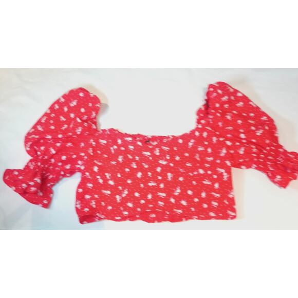 DIVIDEND by H&M Red White Floral Crop Top Blouse Puff Ruffle Sleeve Medium - Picture 8 of 8